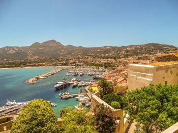 High angle view of bay against clear blue sky