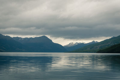 Scenic view of lake by mountains against sky