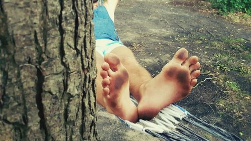 Baby lying on tree trunk