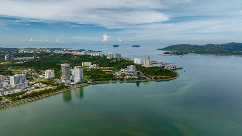 Top view of panorama of kota kinabalu city with modern buildings. borneo,sabah, malaysia.