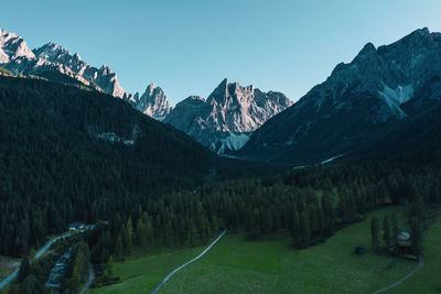 Panoramic view of the sesto dolomites . drone photography.