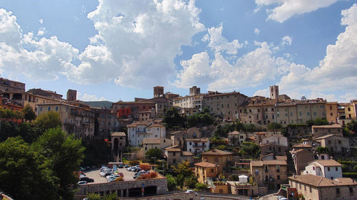 High angle shot of townscape against sky