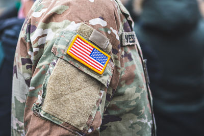 Flag of united states marine corps, usa or us army, on a soldier uniform ready for service