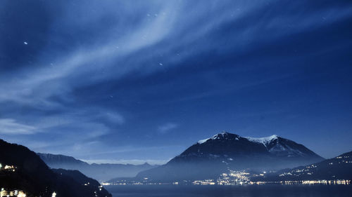 Scenic view of snowcapped mountains against sky at night