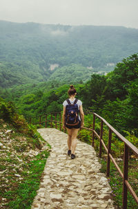 Rear view of woman standing on mountain