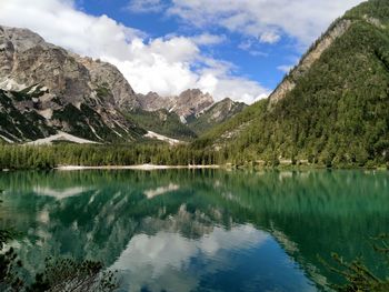 Scenic view of lake and mountains against sky