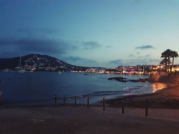 Scenic view of sea against cloudy sky at night