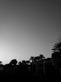 Silhouette houses and trees against clear sky