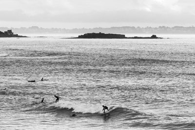 Silhouette men surfing in sea