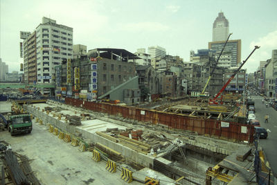 High angle view of buildings against sky in city