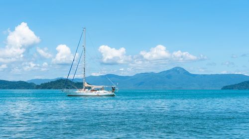 Sailboat sailing on sea against sky