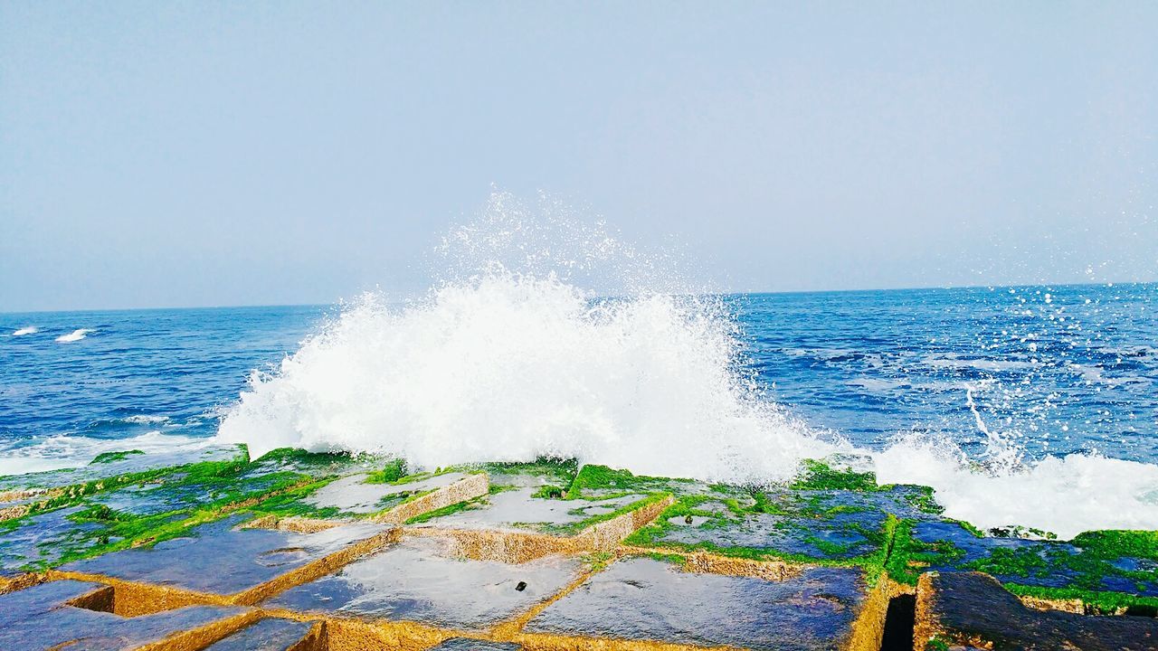 water, sea, wave, nature, clear sky, splashing, day, no people, sky, beauty in nature, motion, outdoors, horizon over water, power in nature