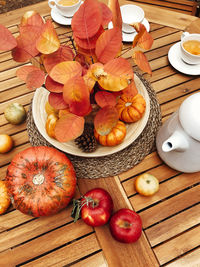 High angle view of fruits in bowl on table