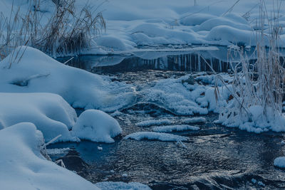 Narrow stream along snow covered landscape