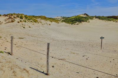 Scenic view of beach against blue sky