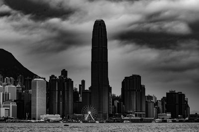 Skyscrapers in city against cloudy sky