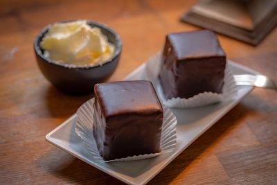 Close-up of cake served on table