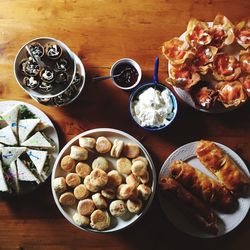 High angle view of various food on table