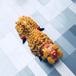 High angle view of food on tiled floor