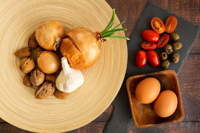 High angle view of fruits in bowl on table