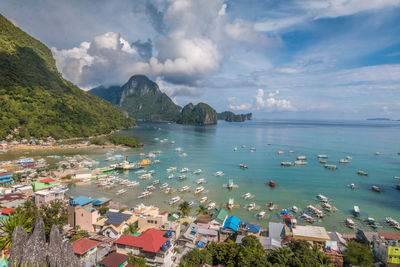 High angle view of bay against sky