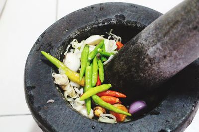 High angle view of vegetables in cooking pan