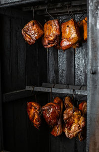 High angle view of meat on barbecue grill