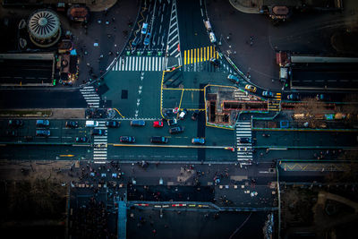 High angle view of illuminated cars on city street