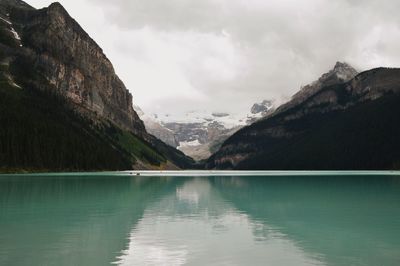 Scenic view of lake and mountains against sky