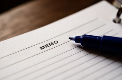 High angle view of pen on table