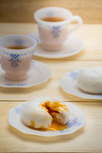 Close-up of breakfast served on table