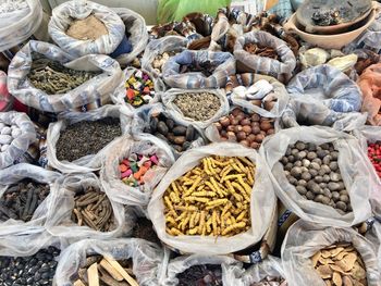 High angle view of vegetables for sale at market stall