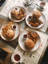 High angle view of breakfast served on table