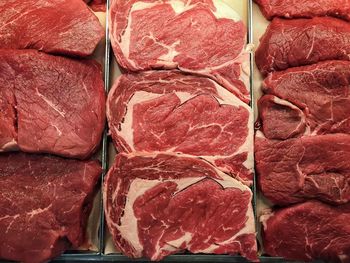 Directly above shot of meats at butcher shop