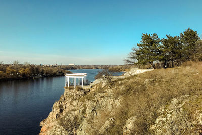 Scenic view of lake against clear blue sky