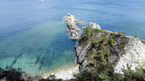 High angle view of rock formation by sea