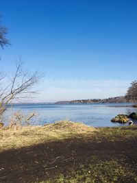 Scenic view of sea against clear blue sky