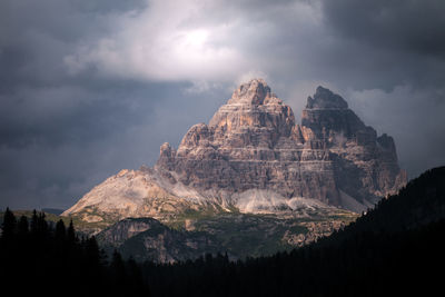 Low angle view of mountain range against cloudy sky