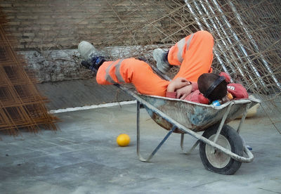 High angle view of man working at construction site