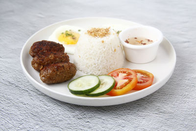 High angle view of food in plate on table