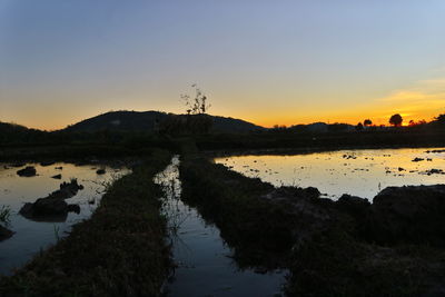 Scenic view of lake against sky during sunset