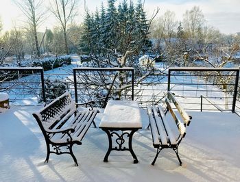 Empty bench on snow covered table against trees during winter