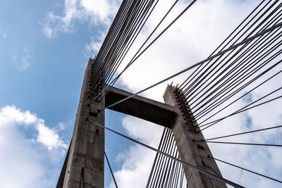 Low angle view of suspension bridge against sky