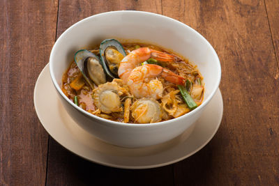 High angle view of noodles in bowl on table