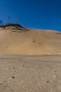 Scenic view of desert against clear blue sky