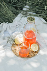 High angle view of drink on table