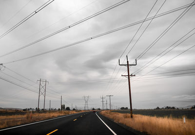 Electricity pylons by road against sky