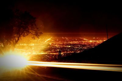 Light trails on road at night