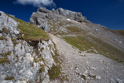 Low angle view of rocks on land against sky