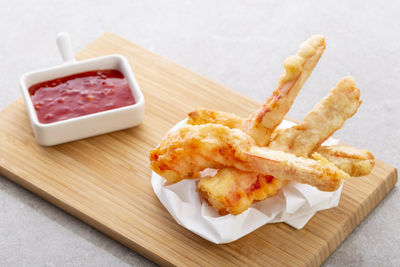 High angle view of food served on table